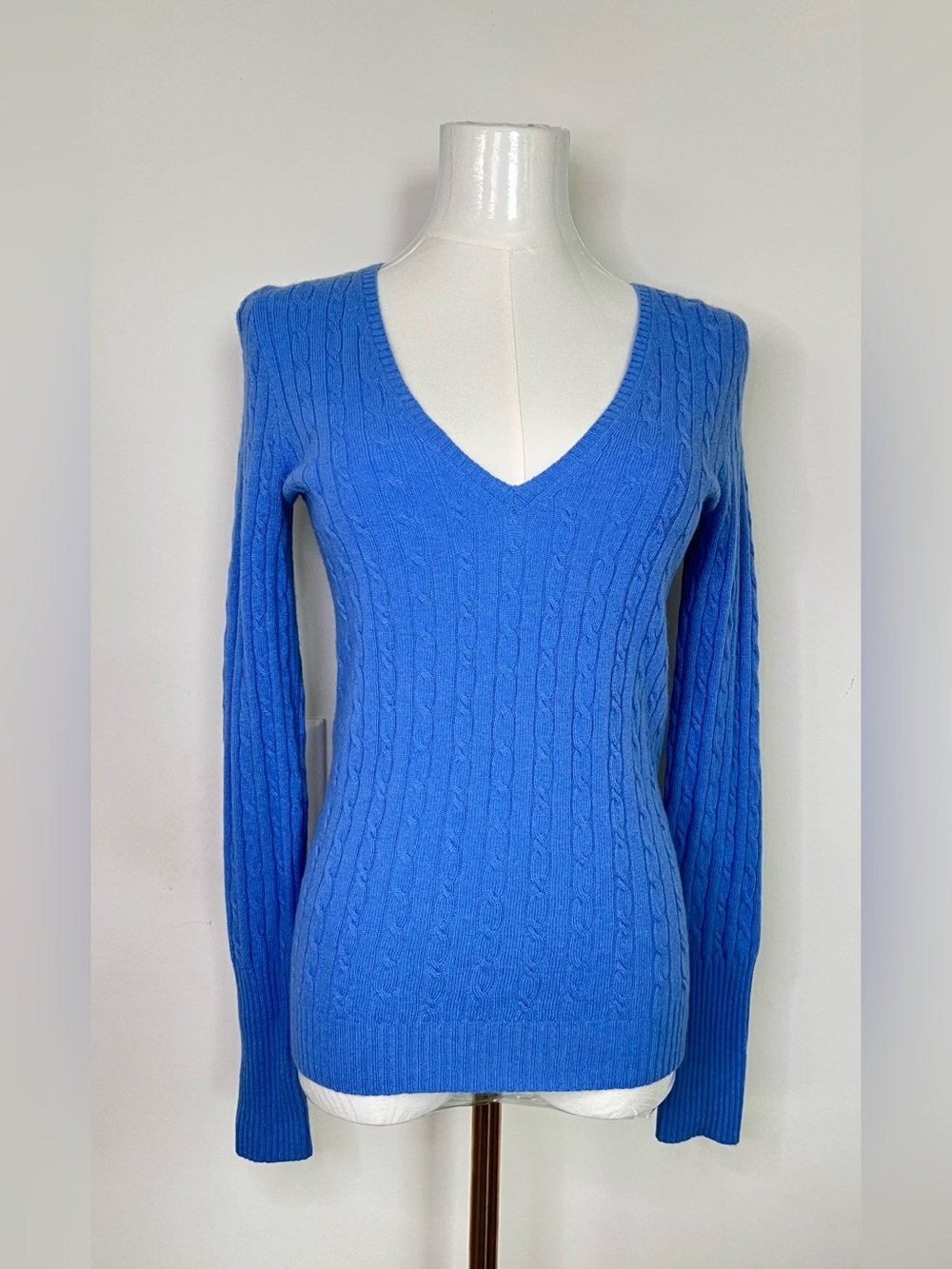 J.Crew Womens 100% Cashmere Wool Nylon V-Neck Sweater Blue Ribbed Long Sleeve XS